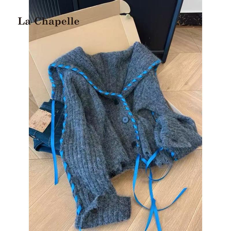 拉夏贝尔深灰色海军领系带长袖针织毛衣开衫外套女秋冬慵懒风上衣