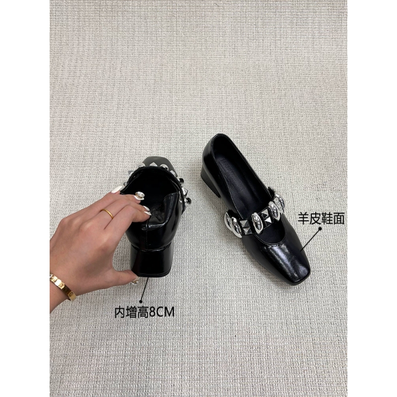 羊皮版内增高8cm方头单鞋女时尚一字带外穿浅口法式绝美玛丽珍鞋