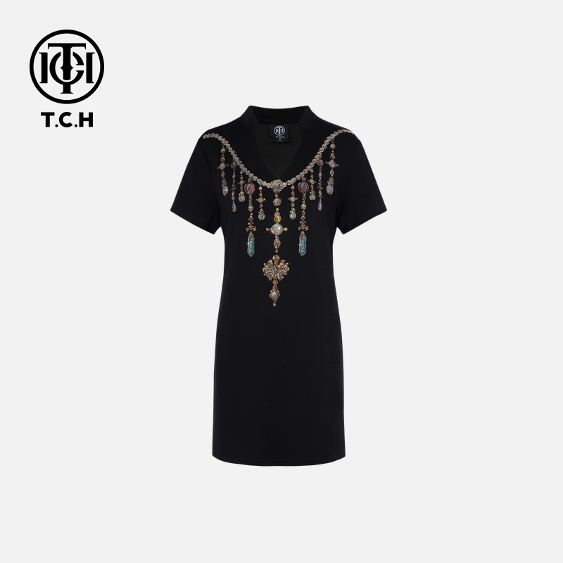 TCH轻奢烫钻工艺时尚休闲百搭舒适连衣裙女T75B30E1026
