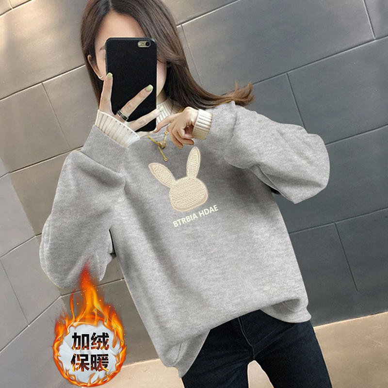 半高领兔子加绒加厚款套头款卫衣洋气女装时尚加厚长袖百搭百搭