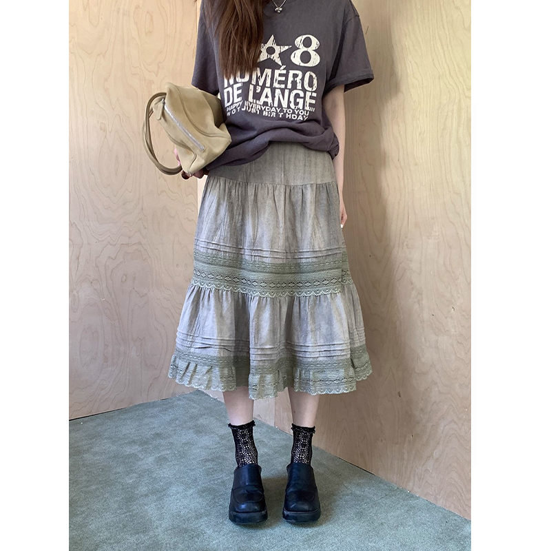 耶古灰咖色蕾丝拼接半身裙女春夏秋扎染中裙层次感a字蓬蓬蛋糕裙