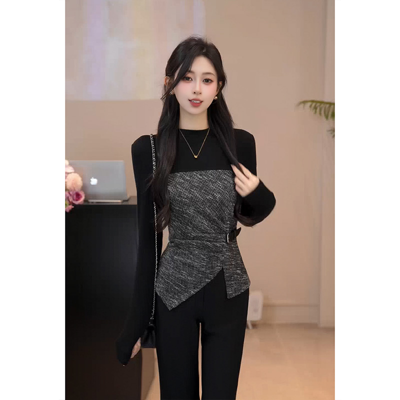 YUANLIANSU/圆脸酥【莫言相顾】千金风拼接收腰重工圆领上衣女秋季