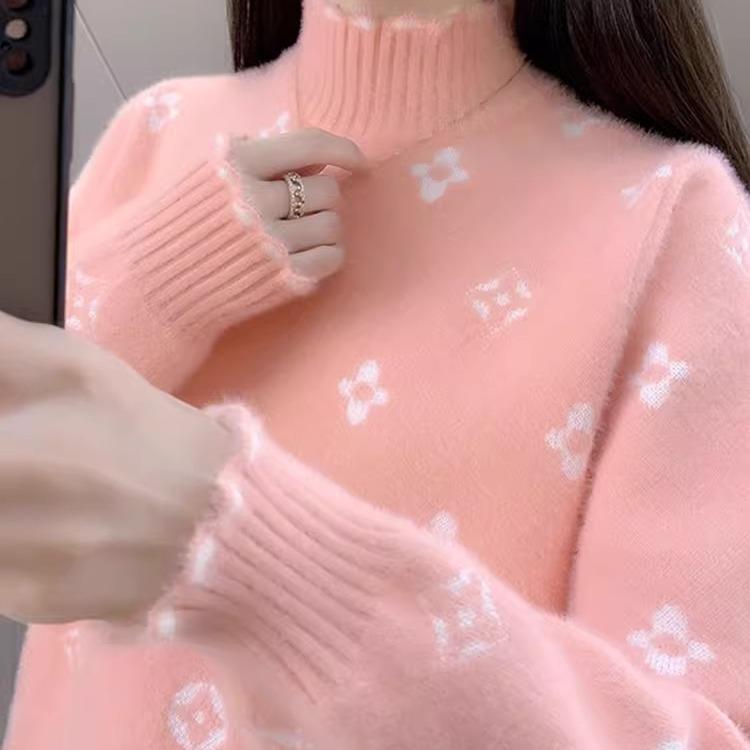 FAVMARTHA水貂绒毛衣女2025秋冬新款加绒加厚宽松时尚洋派半高领