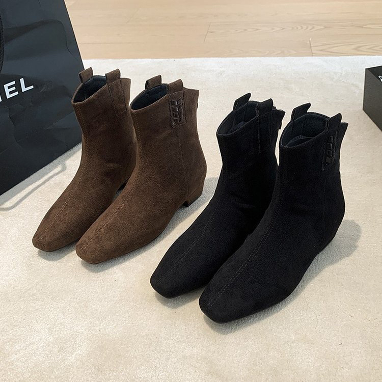 复古绒面瘦瘦靴女2025秋冬新款法式裸靴方头粗跟内增高短靴弹力靴