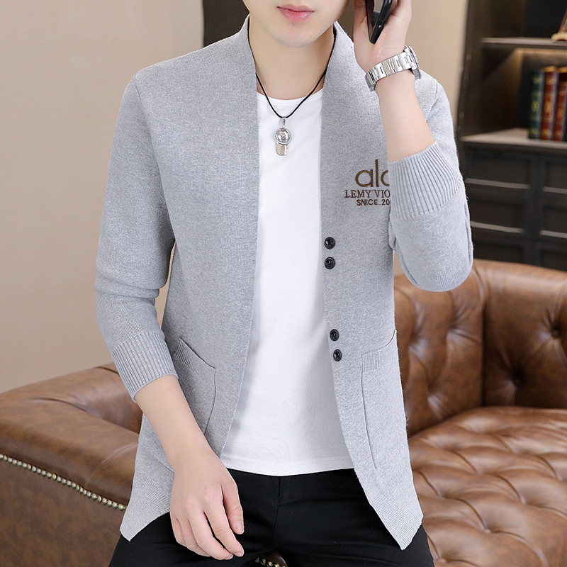 高档针织开衫男士V领外套秋季新款时尚刺绣百搭潮流帅男休闲上衣