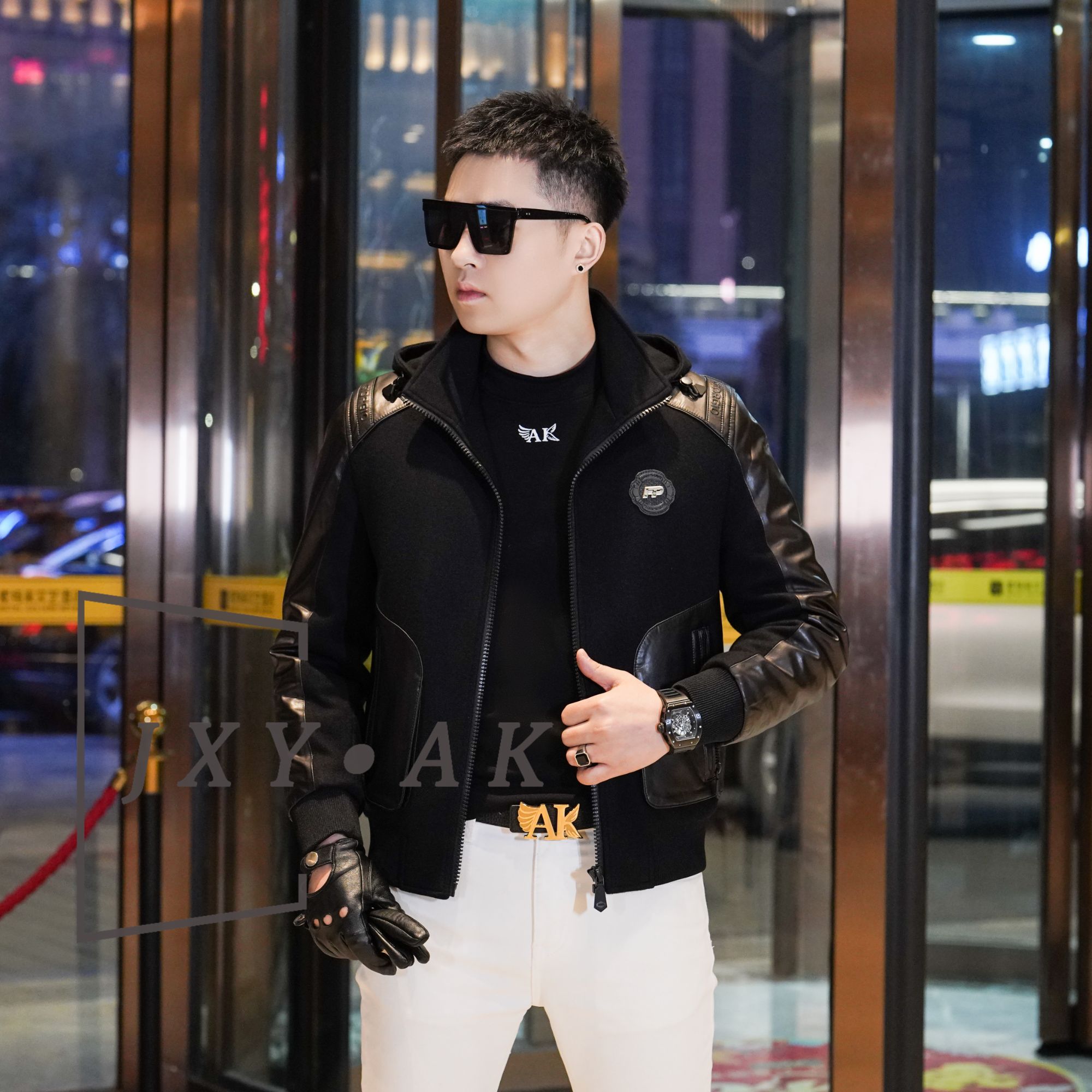 2025冬季新款男士羊毛混纺拼接羊皮夹克白鸭绒羽绒服保暖百搭外套