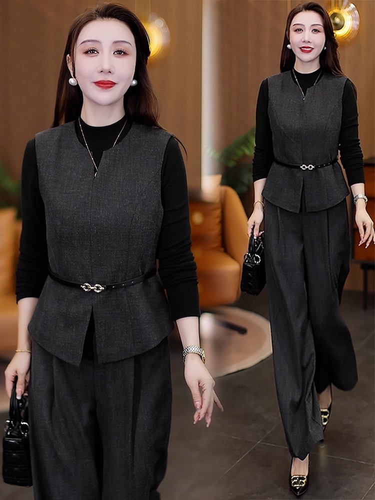 时尚套装女2025秋季新款洋气减龄显瘦马甲背心打底衫阔腿裤三件套