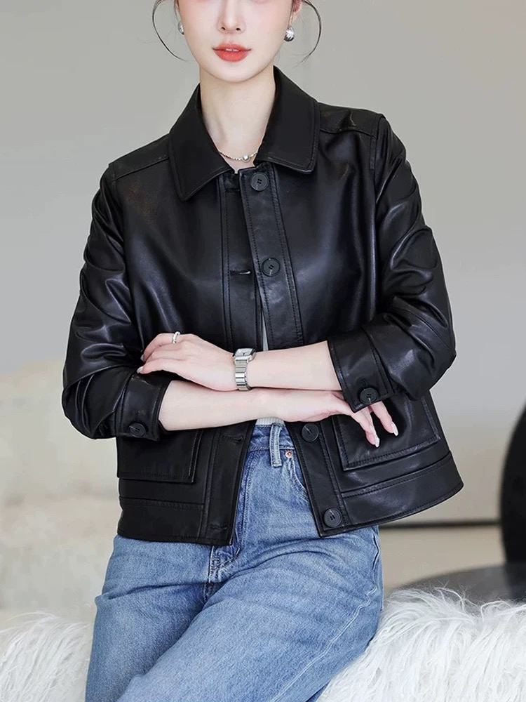 新款真皮植鞣油腊绵羊皮皮衣大气休闲百搭皮夹克短款外套-23010