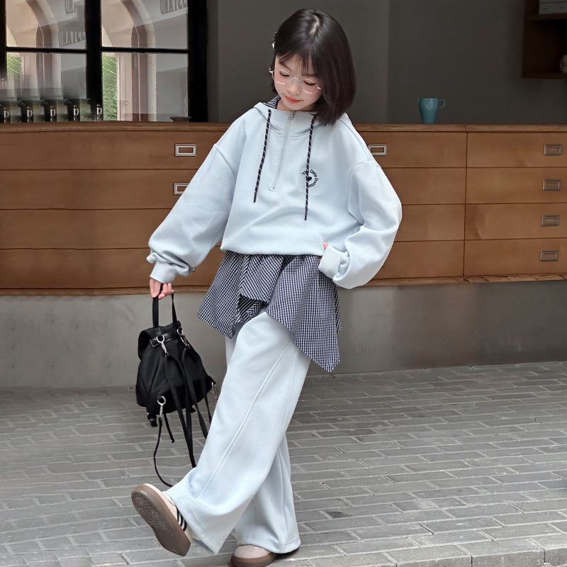 儿童春秋套头休闲风常规格子女套装女童宽松时髦百搭两件套韩版潮