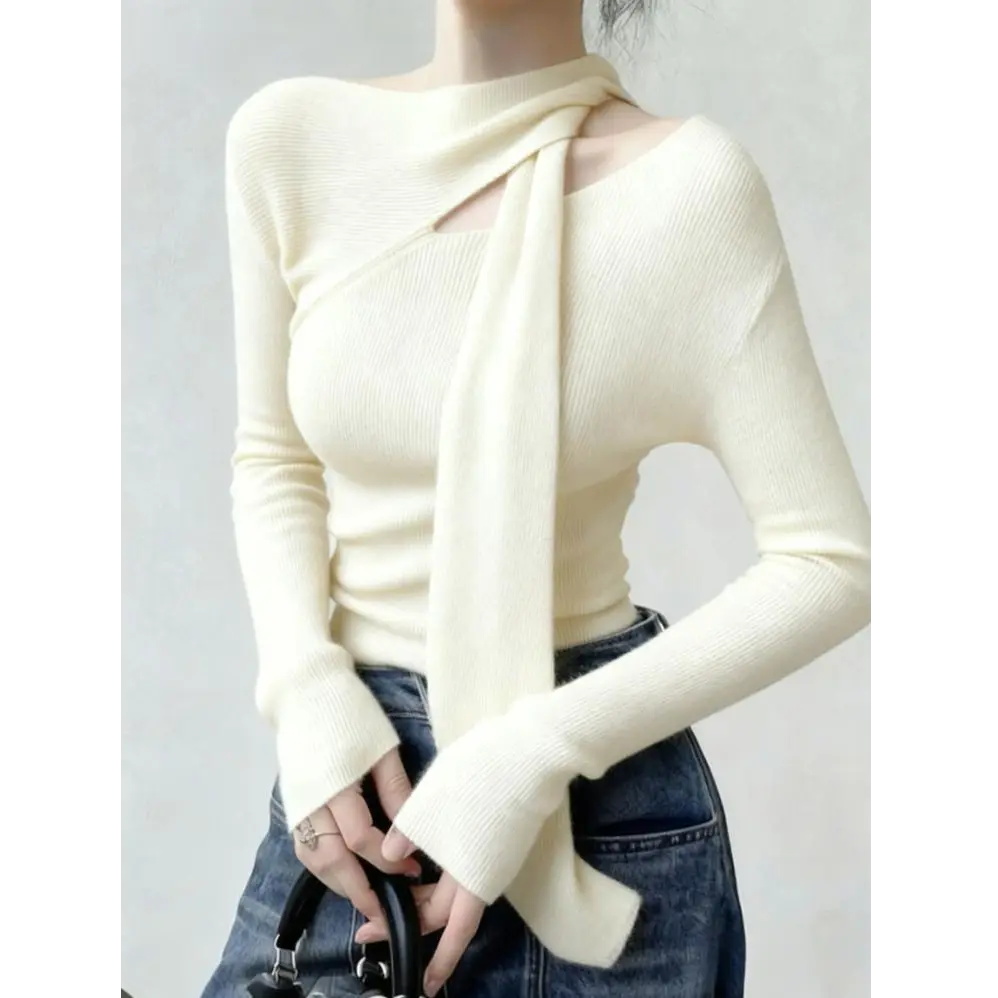 飘带挂脖露肩米杏色针织衫设计感秋冬季独特别致打底毛衣修身上衣