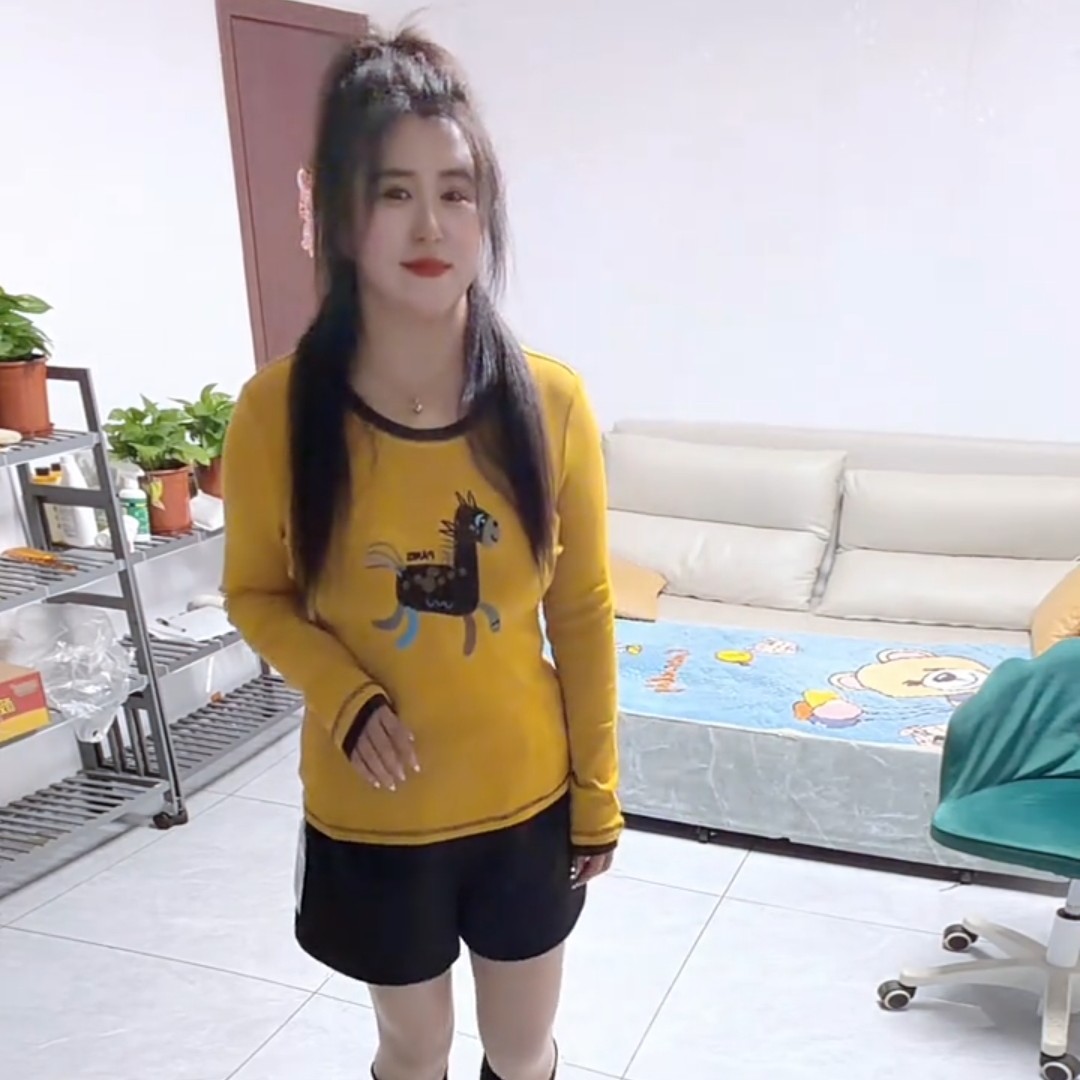 刺绣长袖朋克风短款女V领拼接T恤印花黄色网红加厚