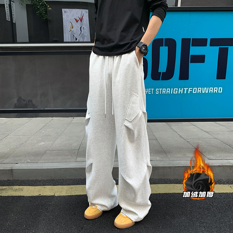 休闲裤加厚秋冬裤子男宽松大码运动裤潮牌美式褶皱超柔加绒卫裤