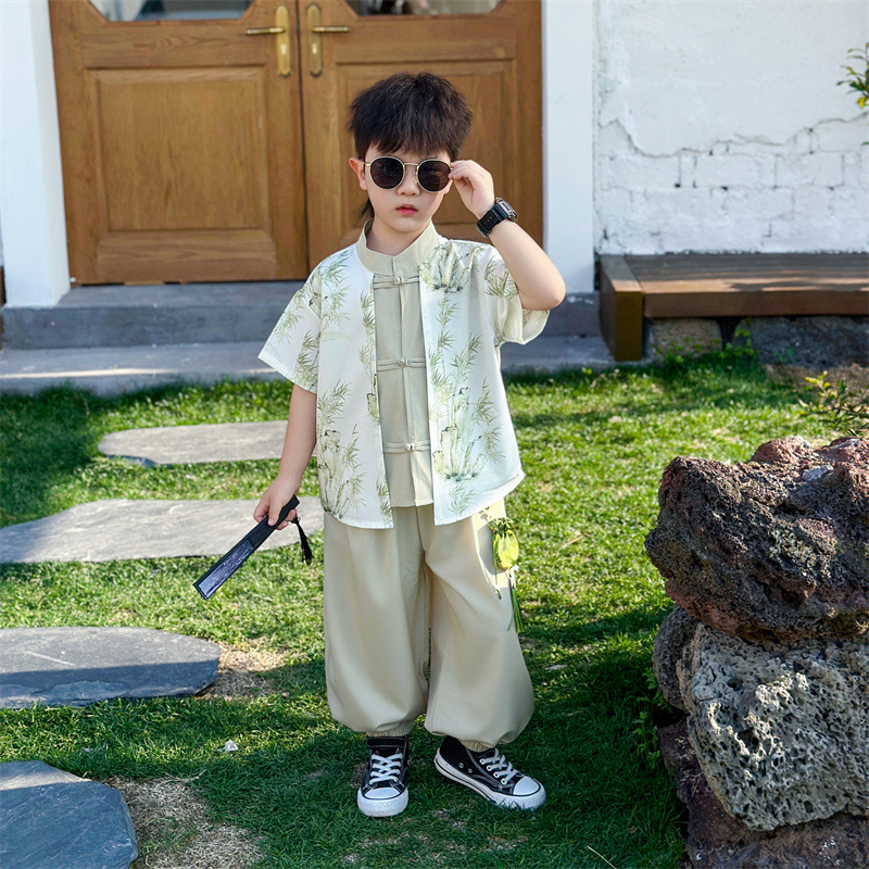 男童夏季汉服套装2025新款儿童中国风唐装小少爷衬衫两件套潮夏装