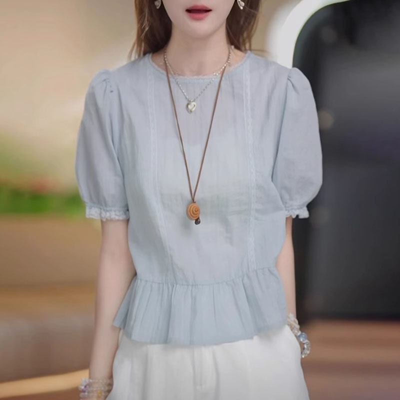 韩系圆领蕾丝花边泡泡袖短袖T恤女夏季设计感洋气宽松显瘦上衣潮