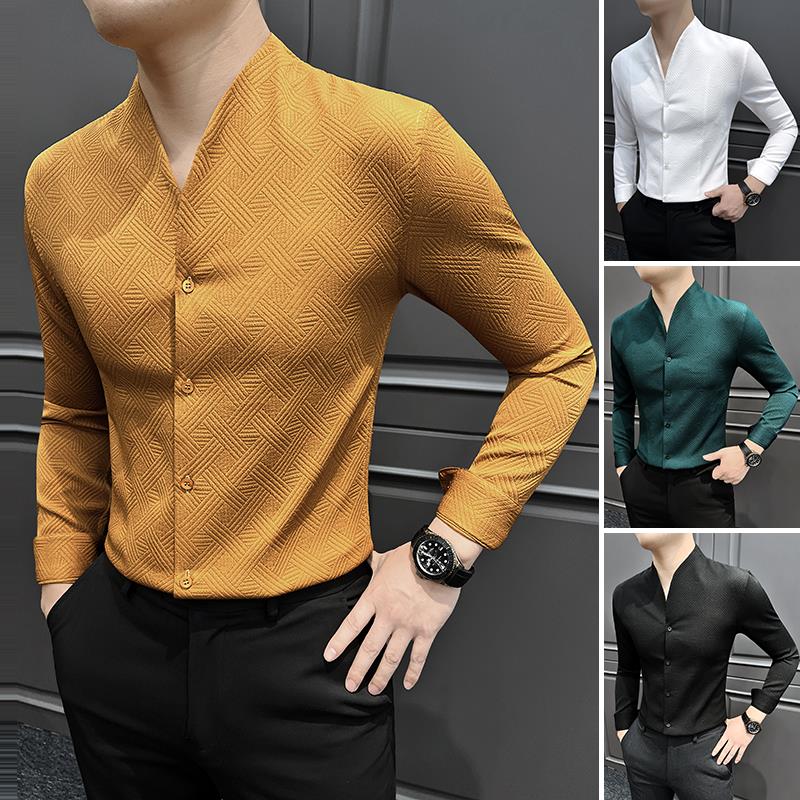 编织格纹v领衬衫男士长袖2025新款爆款秋季轻熟男装痞帅无领衬衣
