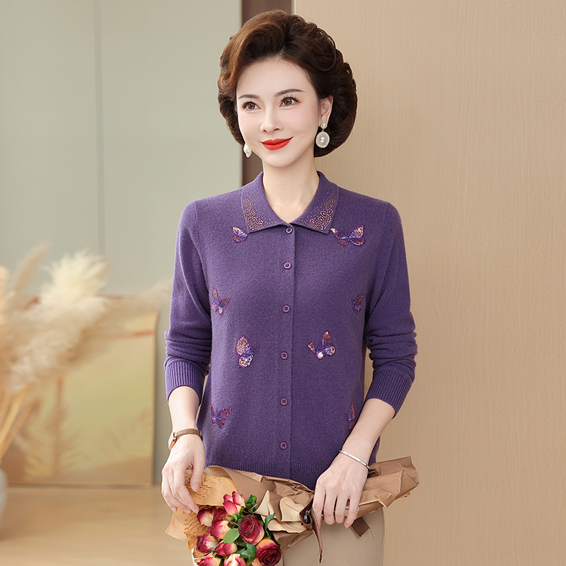 100%纯羊毛衫女秋冬新款开衫上衣中老年妈妈装绣花针织衫毛衣衣服