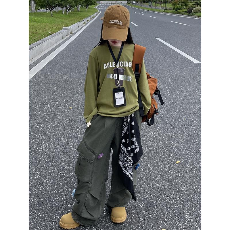 女童美式覆古军绿色花朵刺绣工装裤春秋季新款设计感直筒阔腿裤潮