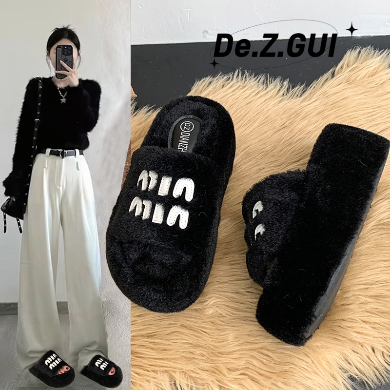 网红同款字母毛毛拖女外穿2025新款秋冬超火时尚增高厚底一字棉拖
