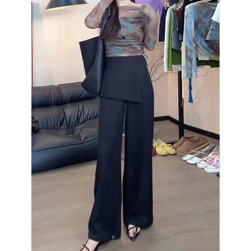 黑色阔腿西装裤女夏季新款设计感显瘦休闲假两件裤子QYF-K871612