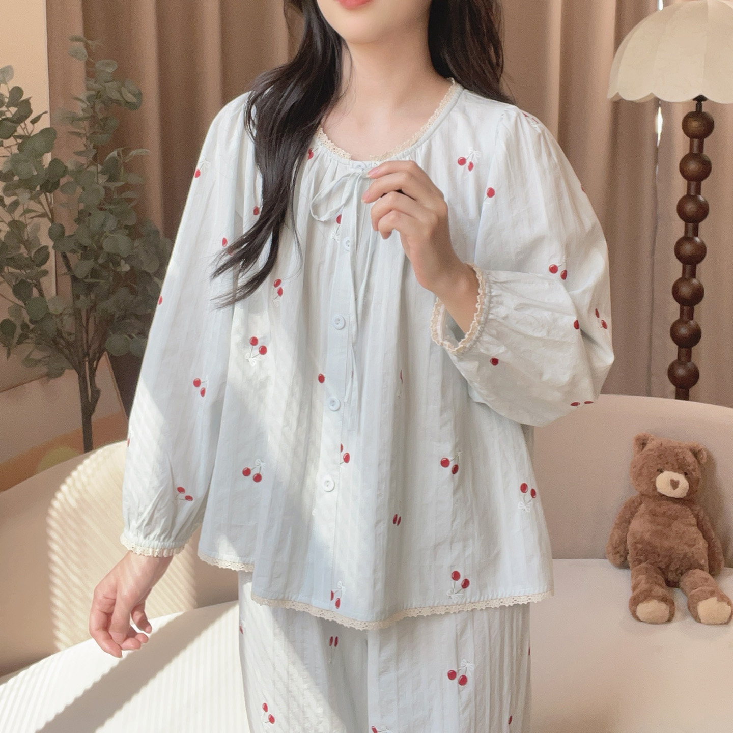 【5953蓝樱桃】春秋季甜美长袖纯棉可外穿公主家居服睡衣宽松睡衣