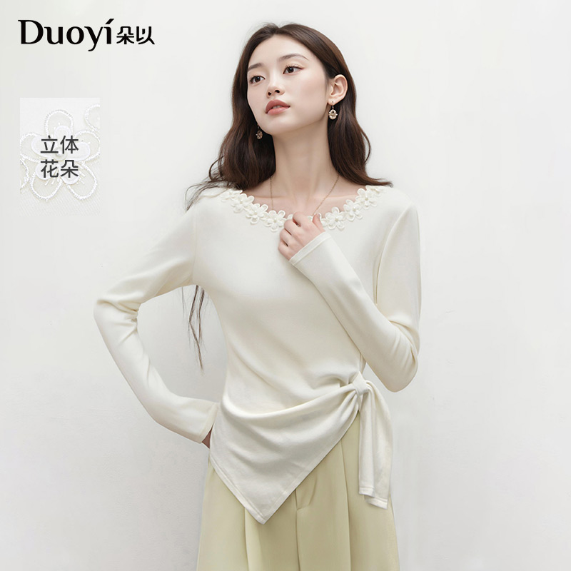 朵以2025秋季新款时尚气质扭结花朵圆领修身长袖针织衫40VQ348289
