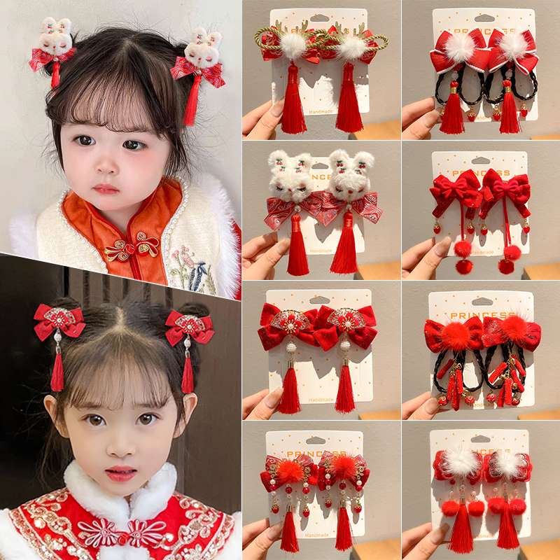 新年红色儿童发夹蝴蝶结发饰古风过年头饰中国风女童汉珍珠蝴蝶结