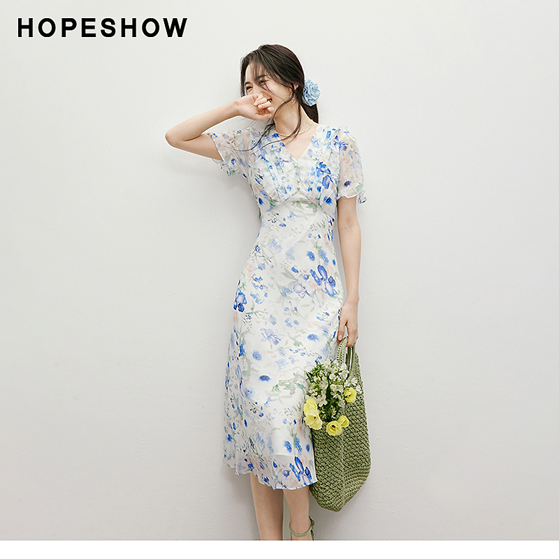 红袖2025夏季女装【海蓝花屿】泡泡袖收腰雪纺连衣裙90125151617