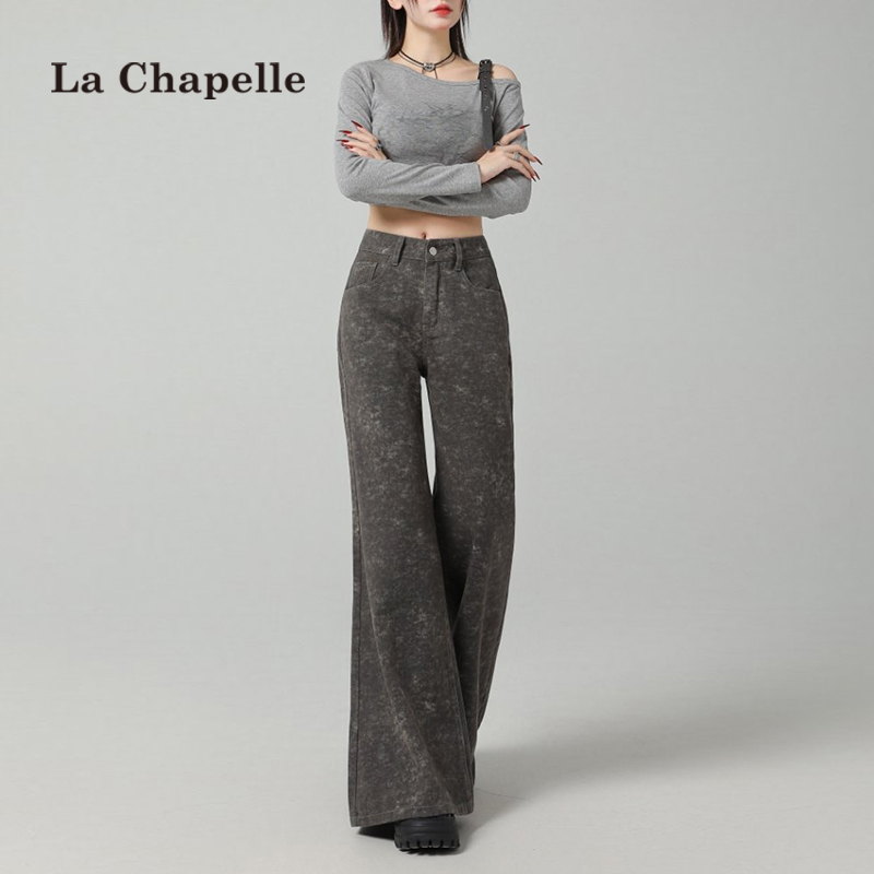 拉夏贝尔不贴腿微喇牛仔裤女春秋扎染直筒宽松阔腿高腰显瘦喇叭裤