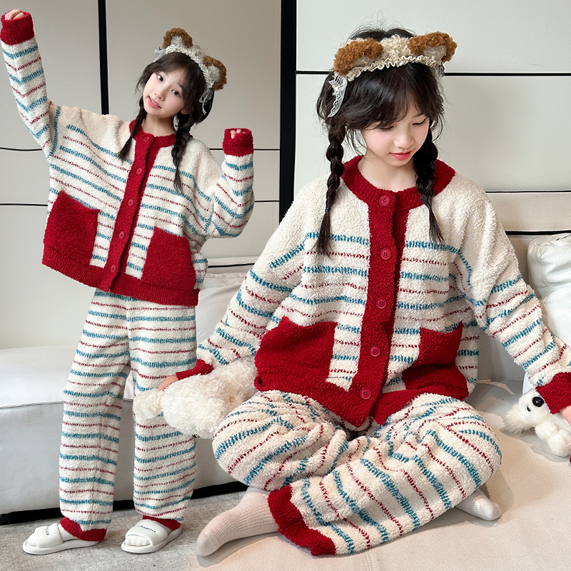 女童秋冬季半边绒条纹睡衣套装2025款8-15岁中大童洋气加绒家居服