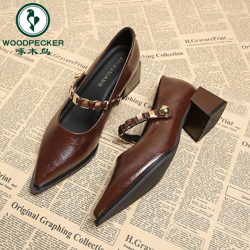 啄木鸟绝美气质法式高跟秋鞋女2025秋款秋季玛丽珍配裙子箭头单鞋