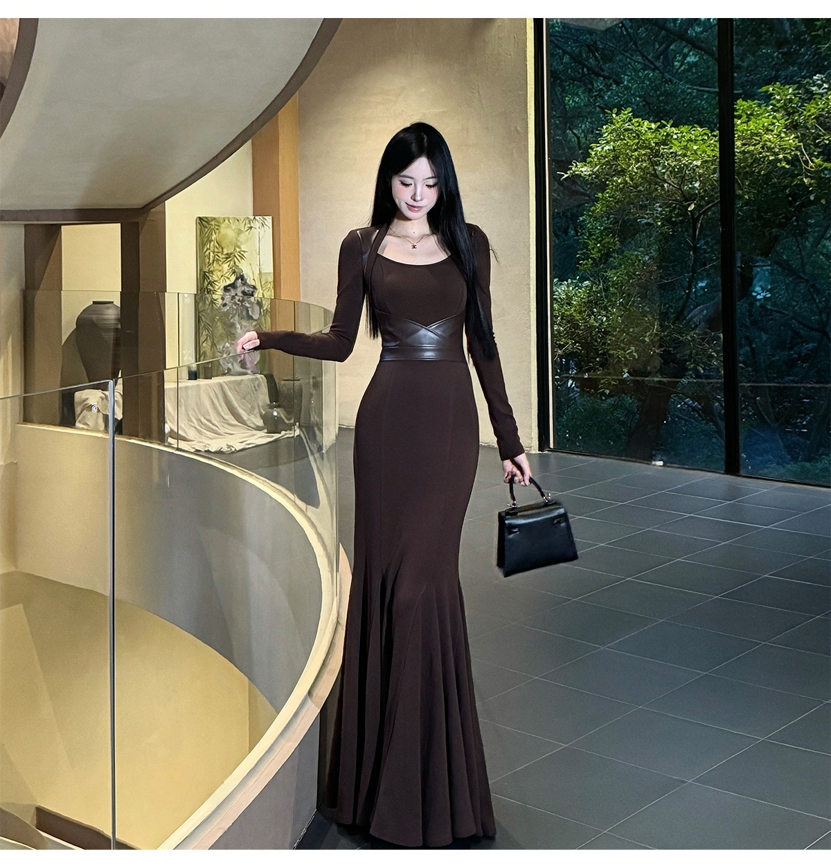 INSTUNNING步步生莲小众设计PU皮拼接连衣裙御姐气质修身鱼尾裙