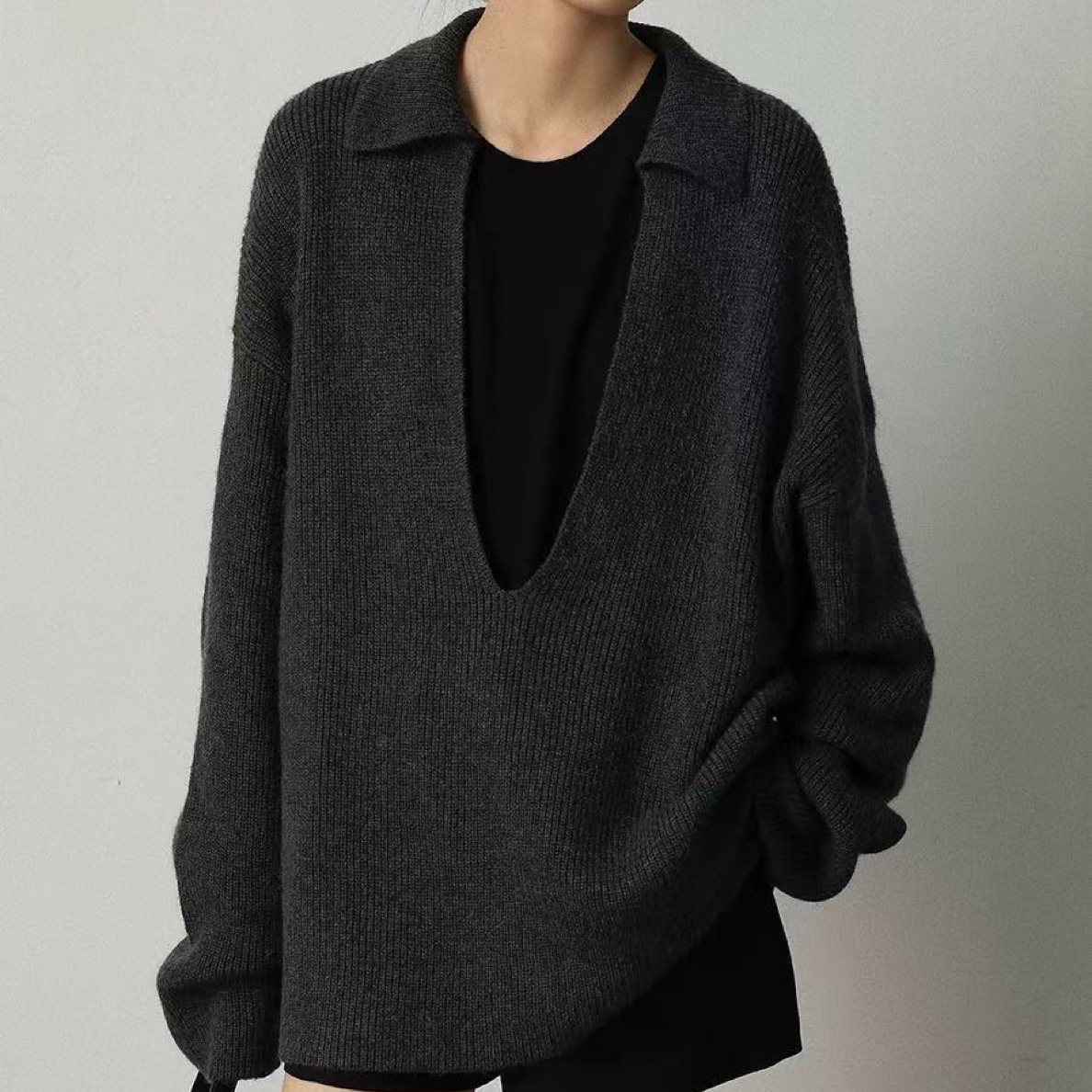 法式气质！大V领针织纯羊毛衫女秋冬新款宽松慵懒风中长款毛衣时尚