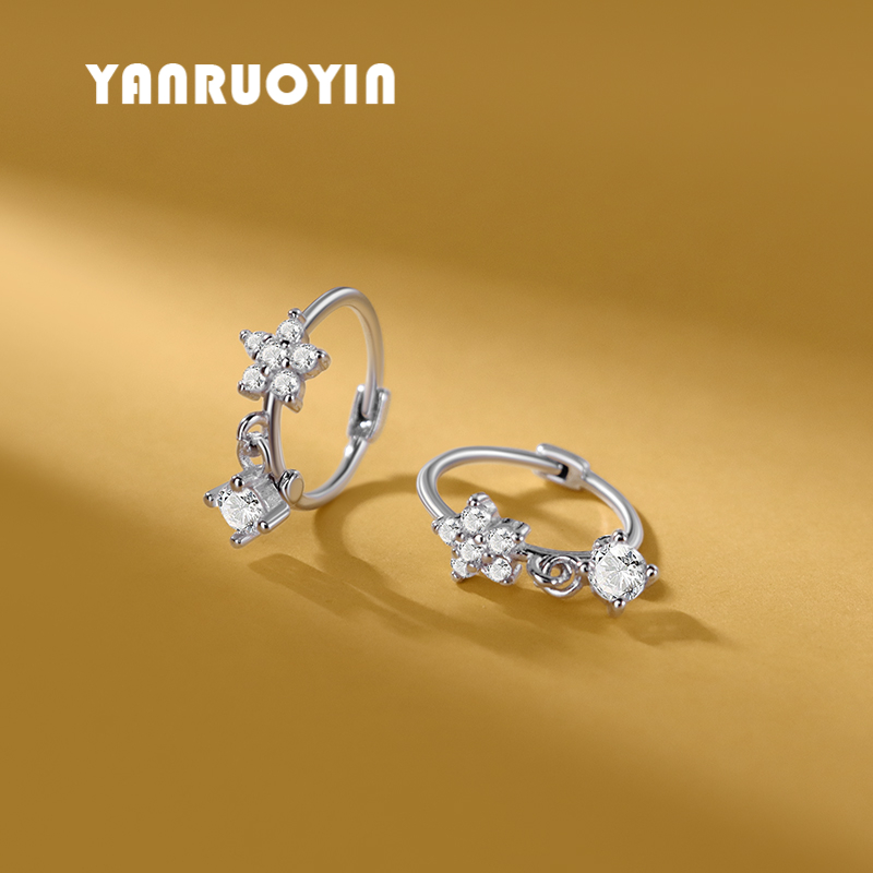 言若银 足银耳饰 999纯银耳环女微镶星星耳圈小众简约百搭免摘b15