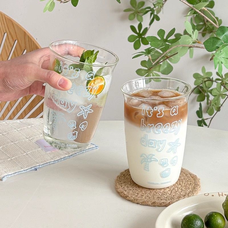 ins简约椰子树玻璃杯耐高温透明玻璃夏天美式咖啡果汁饮料高硼硅
