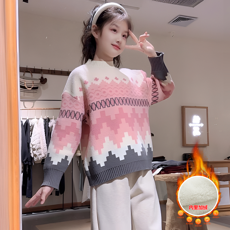 女童圆领港风加绒加厚毛衣秋冬季中大童洋气女孩韩版打底针织衫