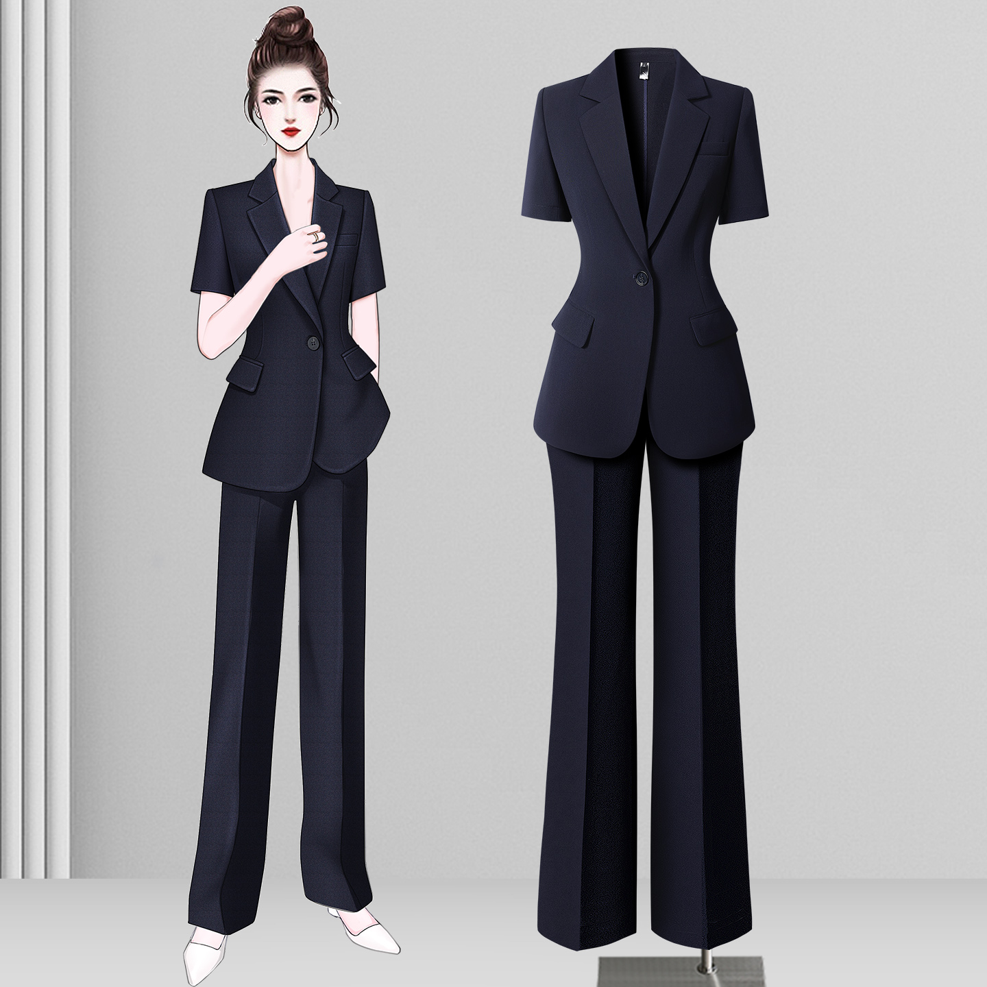 夏季薄款纯色平驳领女士高端西装套装通勤一粒扣面试休闲商务西装