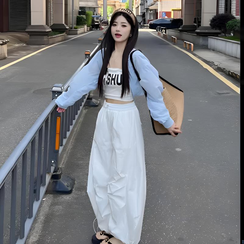 温婉大方衣服气质针织开衫辣妹风网红运动抹胸夏季高腰显瘦阔腿裤