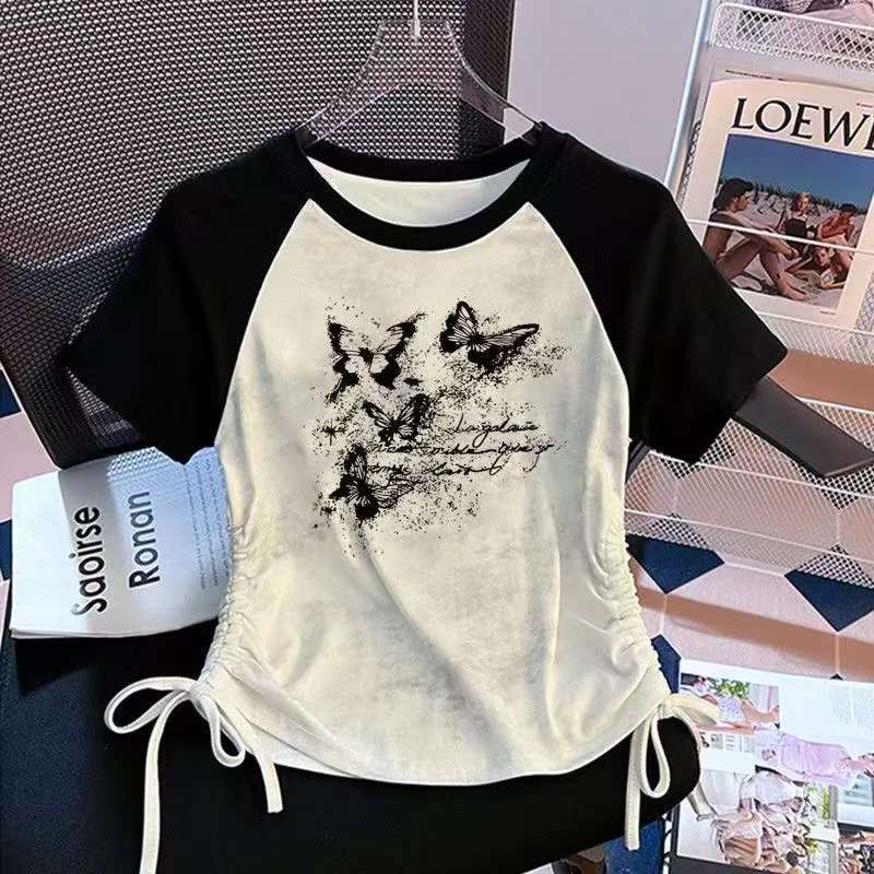 女童T恤上衣短袖ins风2025新款设计感印花拼接抽绳洋气卡通修身潮