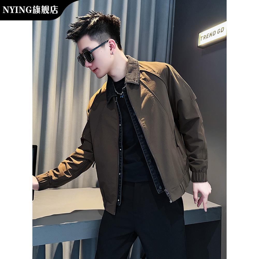 NYING设计感翻领牛仔拼接夹克外套男款秋季潮流休闲百搭男装秋装