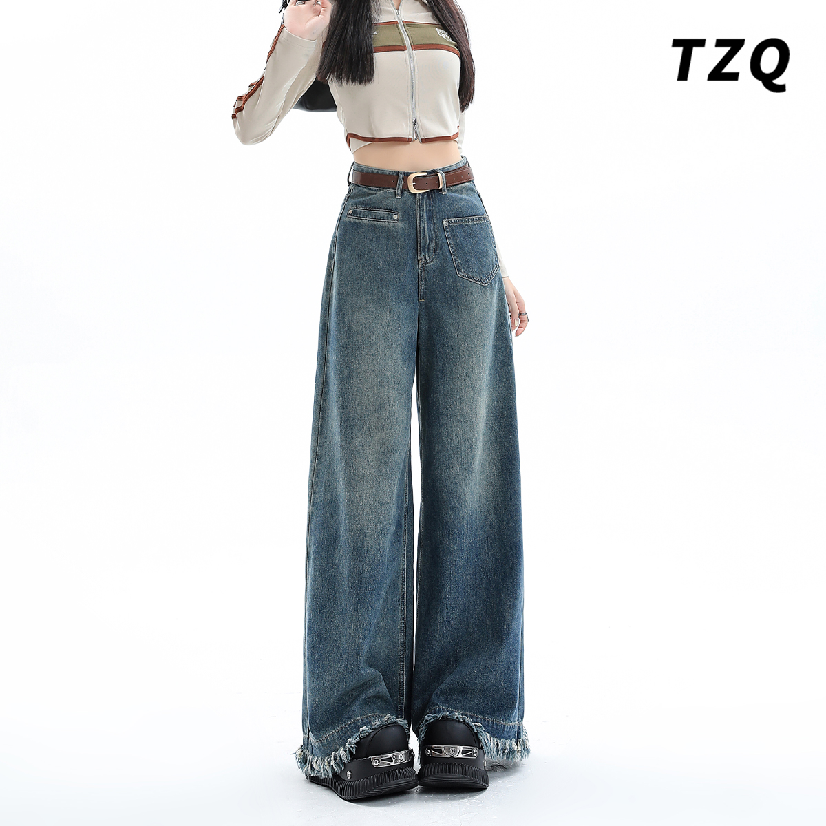 秋季新款复古毛边阔腿牛仔裤女高腰宽松大裤腿拖地裙裤TZQ2570806