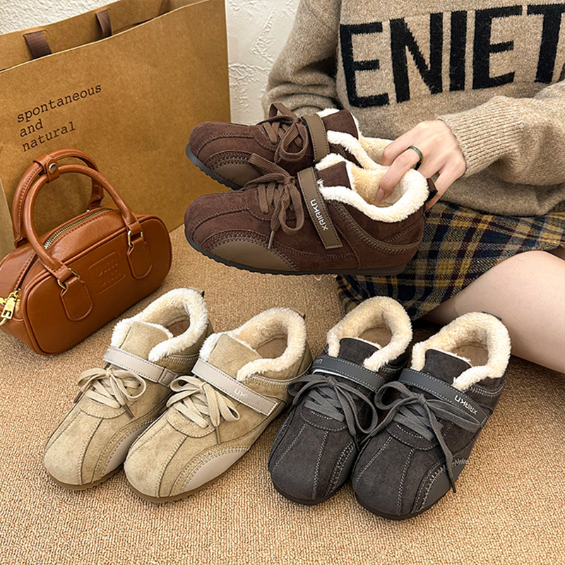 加绒德训鞋女2025冬季新款爆款魔术贴保暖毛毛棉鞋厚底休闲勃肯鞋