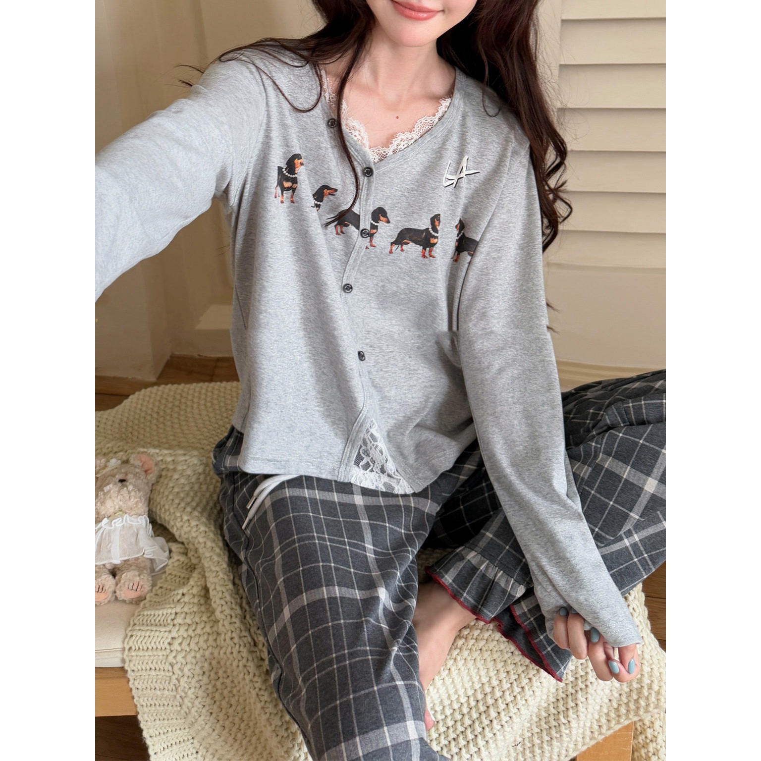 秋季新款甜美腊肠狗印花睡衣女长袖长裤家居服可爱卡通套装可外穿