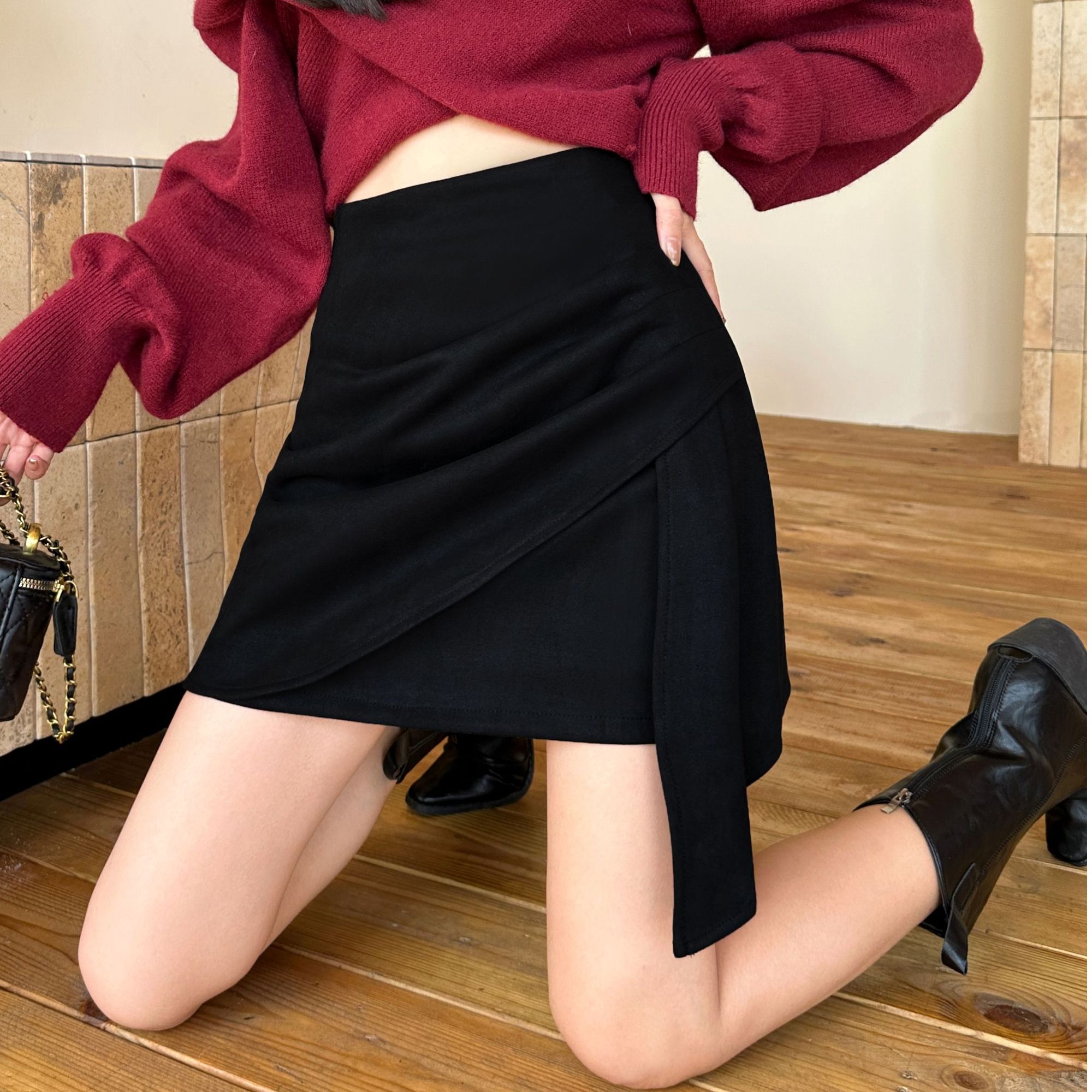 黑色不规则褶皱半身裙女2025秋冬新款小个子a字韩版高腰包臀短裙