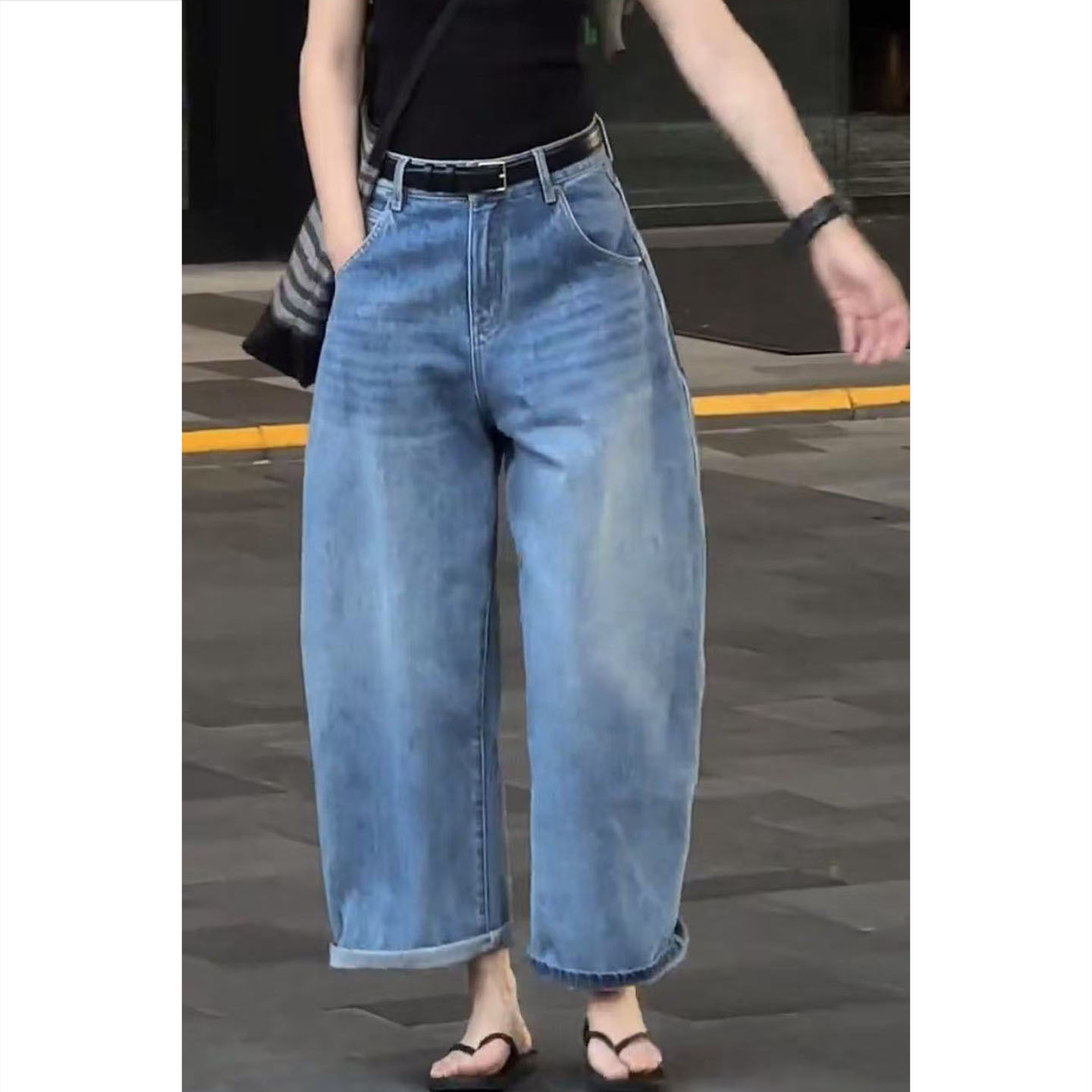 艾塔莉牛仔裤卷边高街风高腰直筒裤百搭裤子薄款早秋新款休闲风女