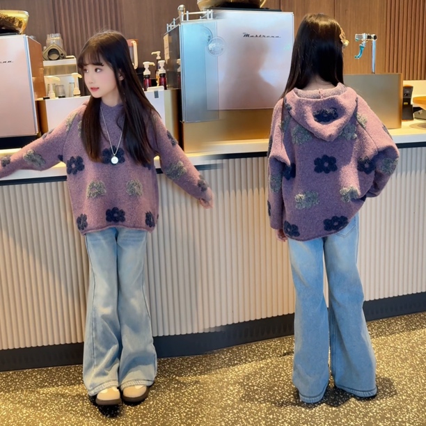 秋冬韩系女童中大童刺绣紫色百搭连帽毛衣