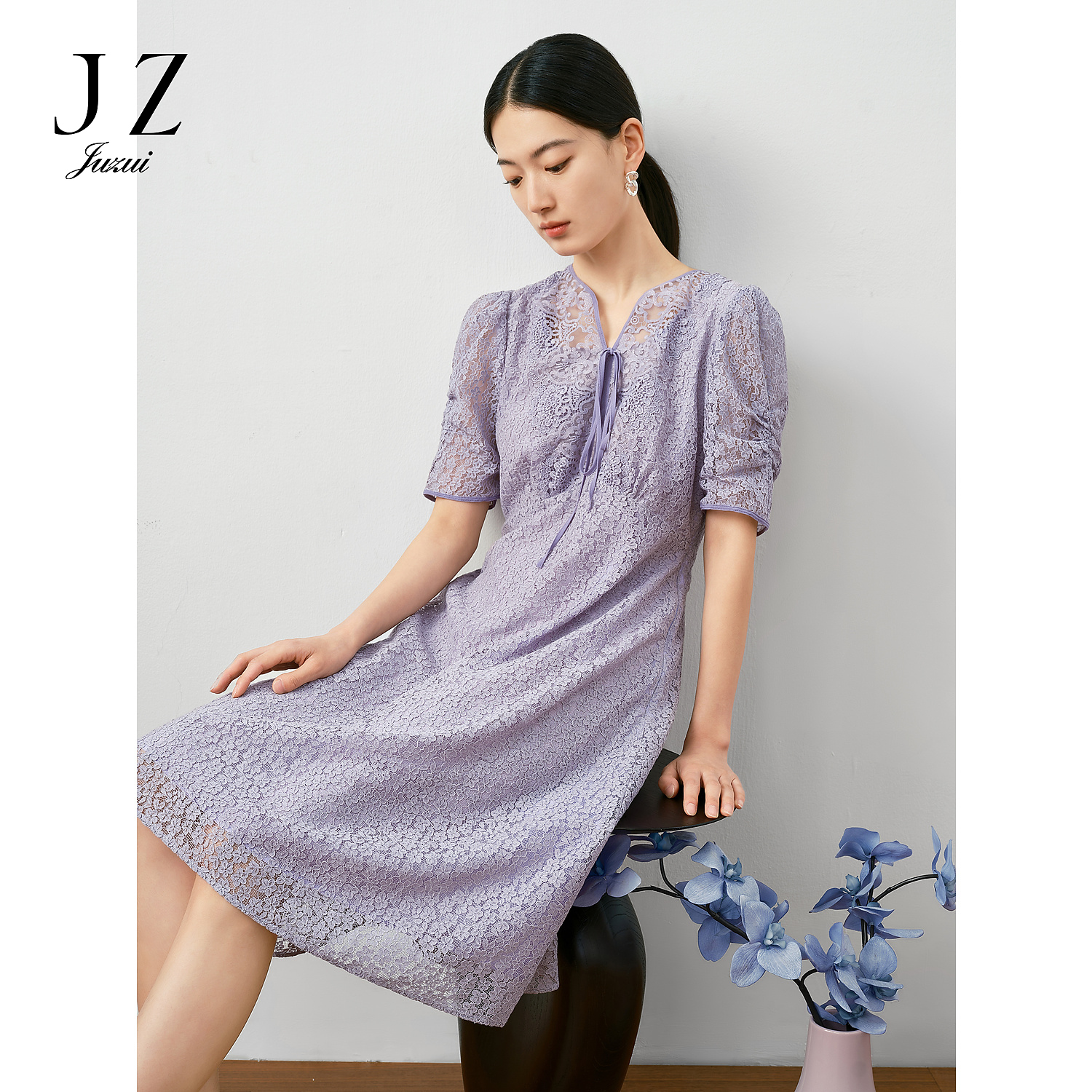 【绝绝紫】玖姿安娜蔻KWFQ50043轻熟风收腰显瘦蕾丝中长款连衣裙