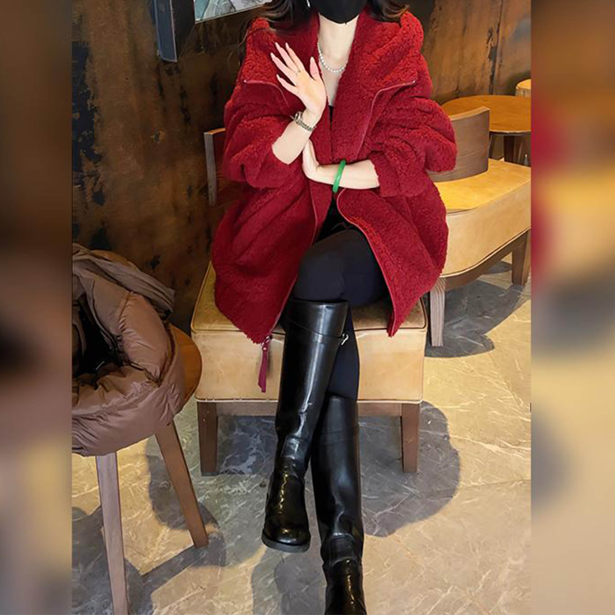 洋气百搭中长款连帽棉服女2025冬季新款时尚加厚保暖红色棉衣外套