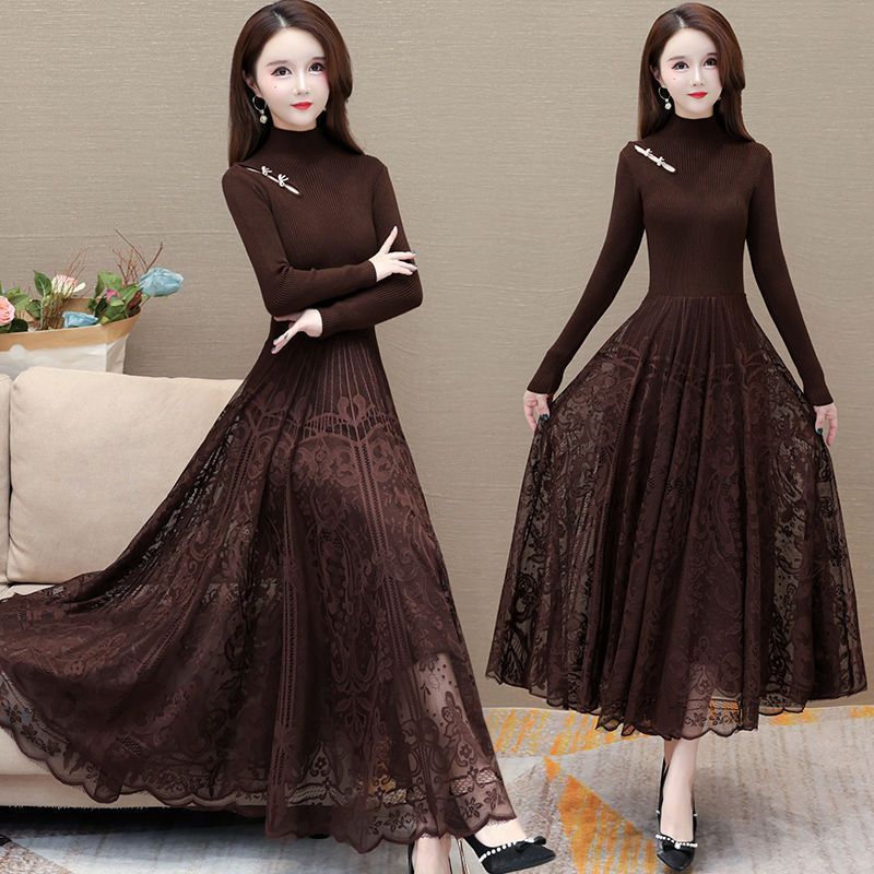 秋冬新款针织蕾丝拼接连衣裙气质女长款修身遮肚显瘦配大衣打底裙