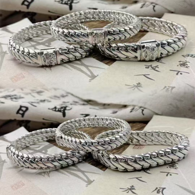 足银银制品 999时尚简约三马鞭手链手工百搭个性银手镯男士