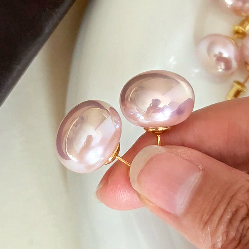 铜合金仿珍珠耳饰 玫瑰粉紫色扁圆馒头珠温柔感新款耳钉女1992